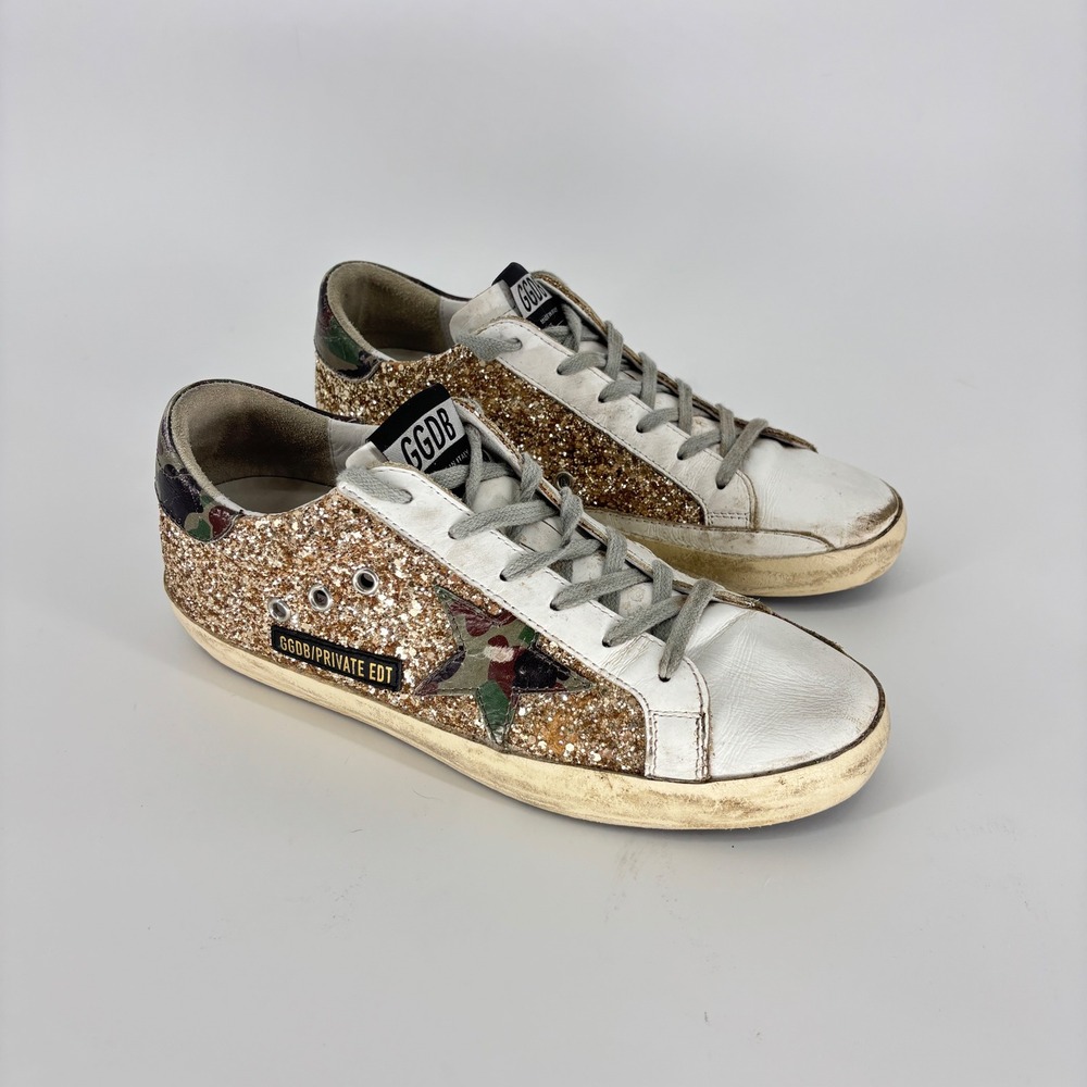 Golden Goose Private Edition Superstar Sneakers Gold Glitter/Camo Women Size 40